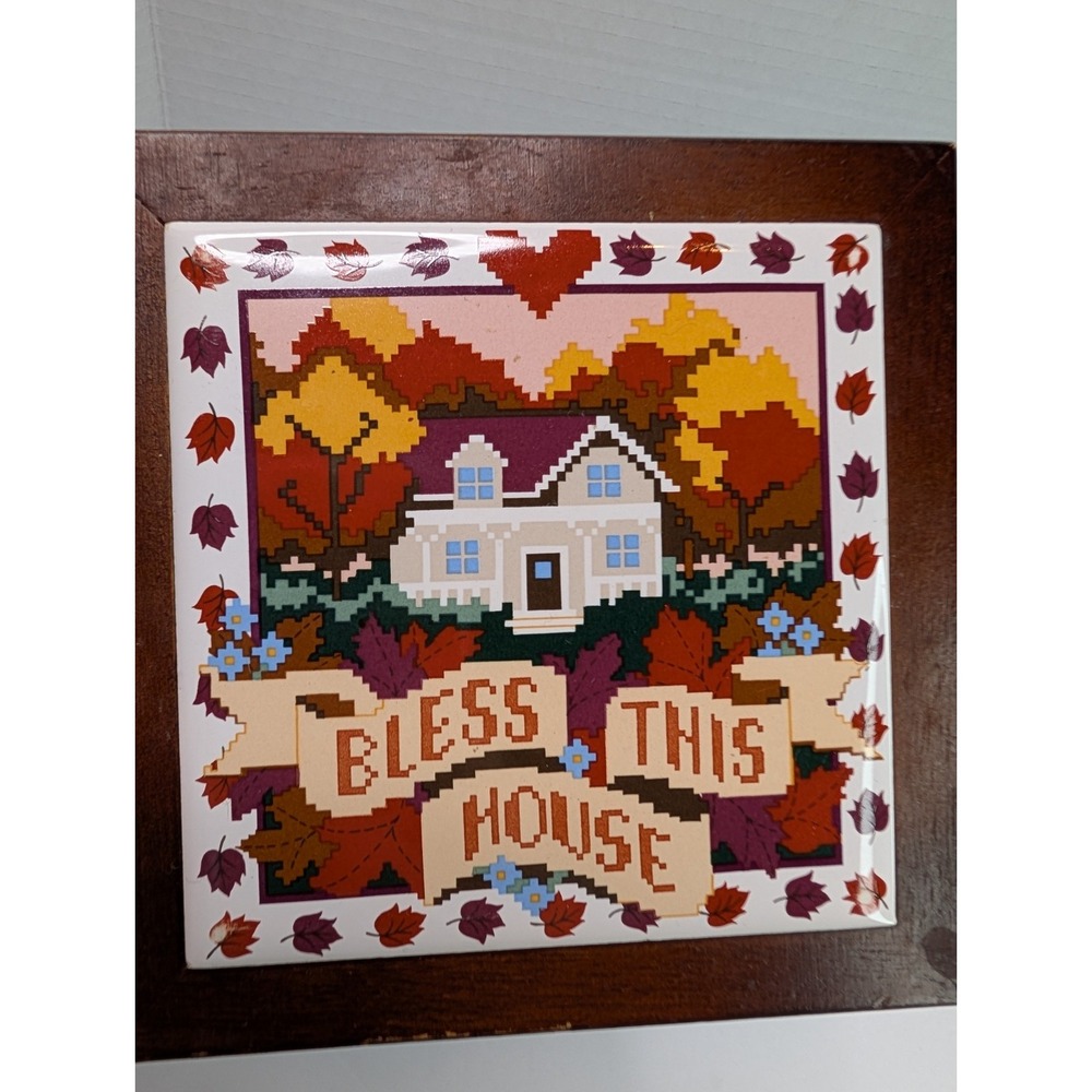 VTG Teleflora "Bless This House" Ceramic Tile Wall Plaque 70s 80s Autumn Leaves